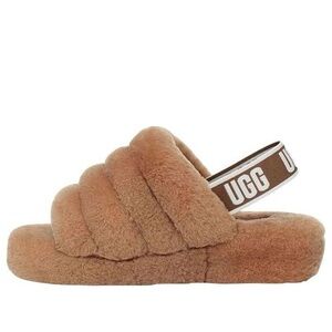 UGG Tan Fluffy Quilted Slide with Branded Heel Strap